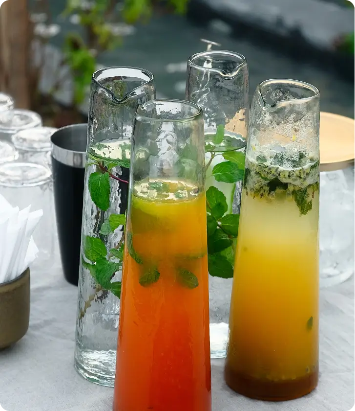 Colorful fresh cocktails with mint and citrus in glass bottles